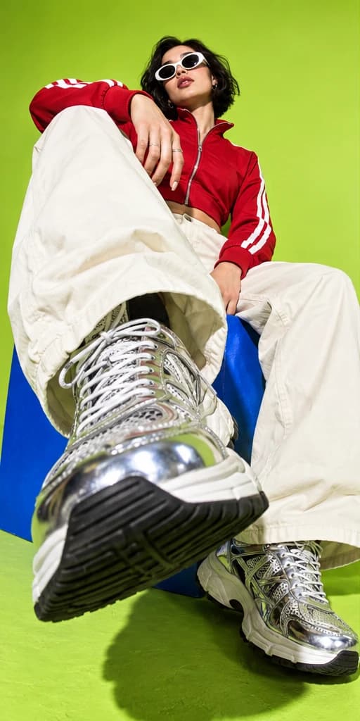 Red track-jacket fashion editorial from low camera angle