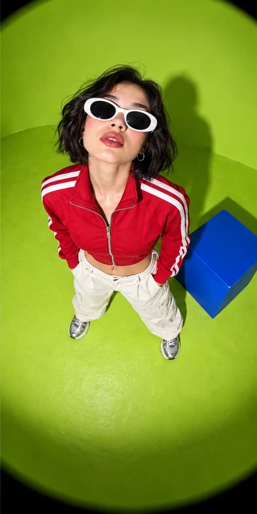 Red track-jacket fashion editorial from high camera angle