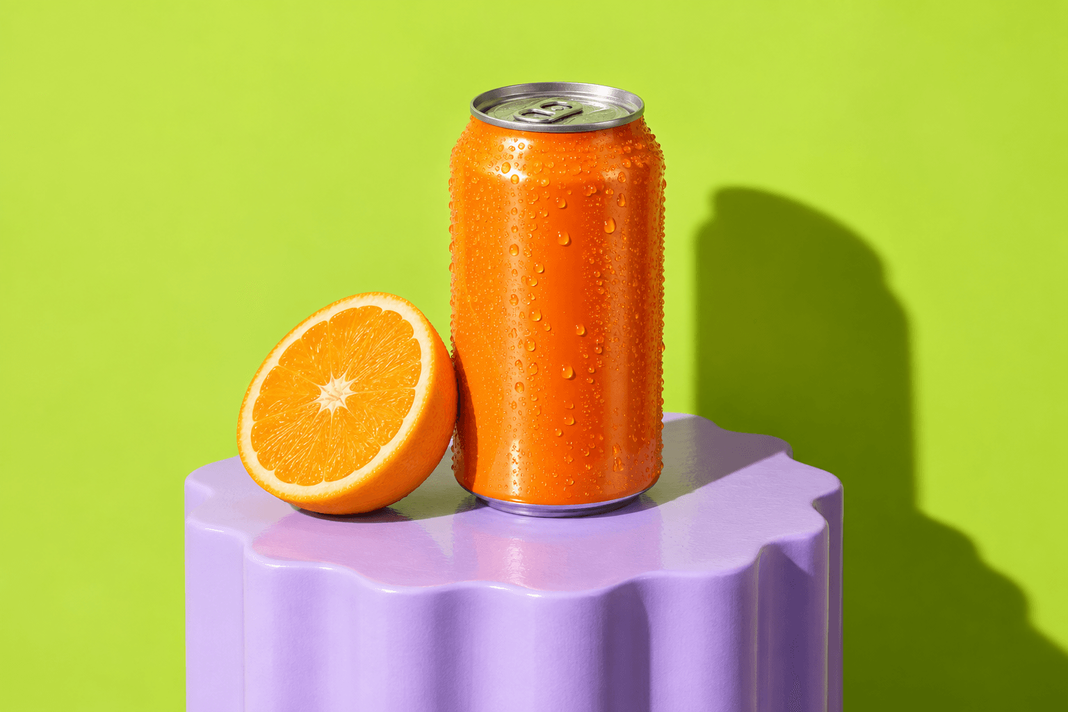 Tangerine soda campaign on a lilac pedestal with a bright lime backdrop