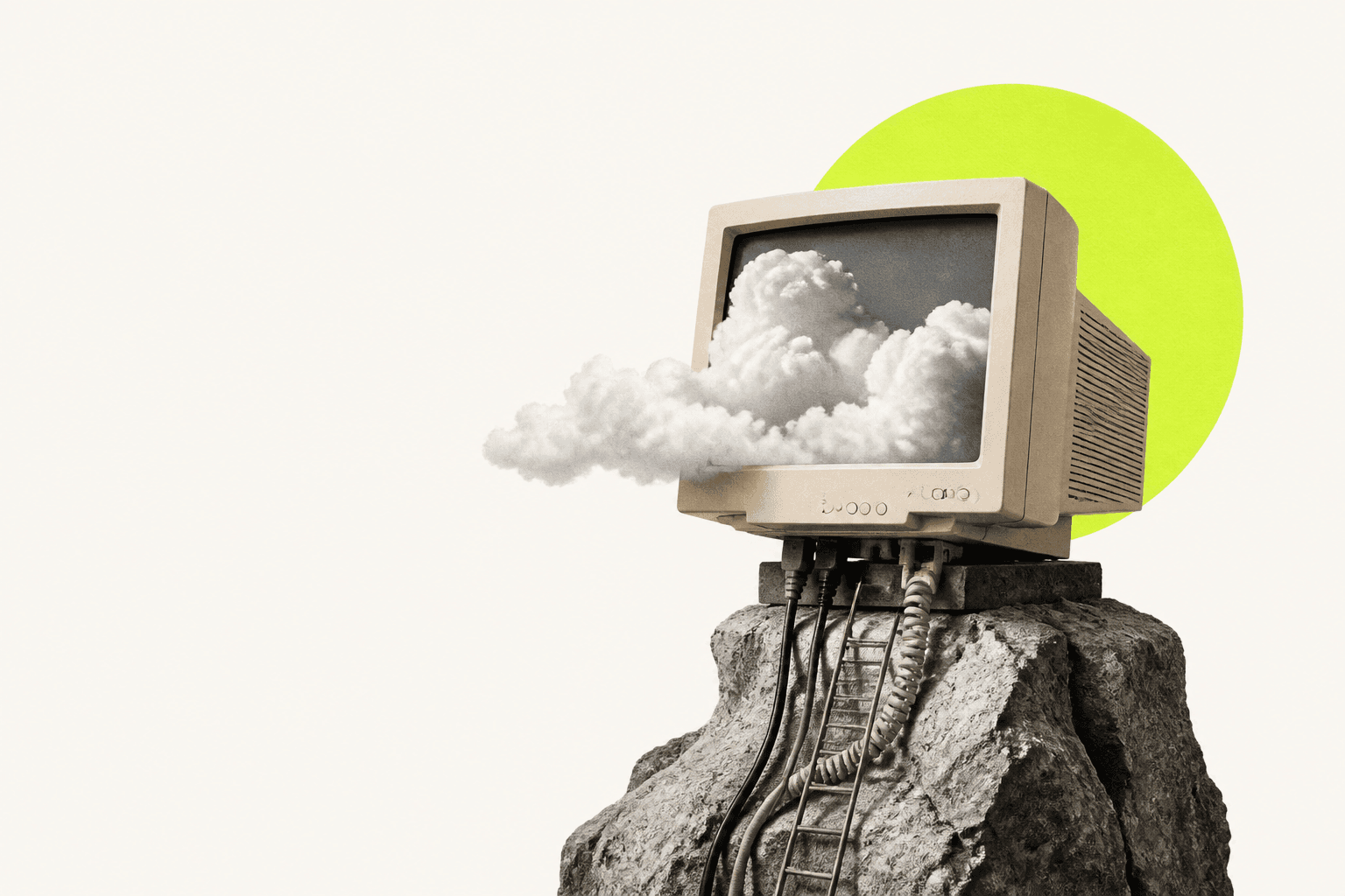 Surreal collage of an old computer monitor with clouds on a rock pedestal and neon yellow sun