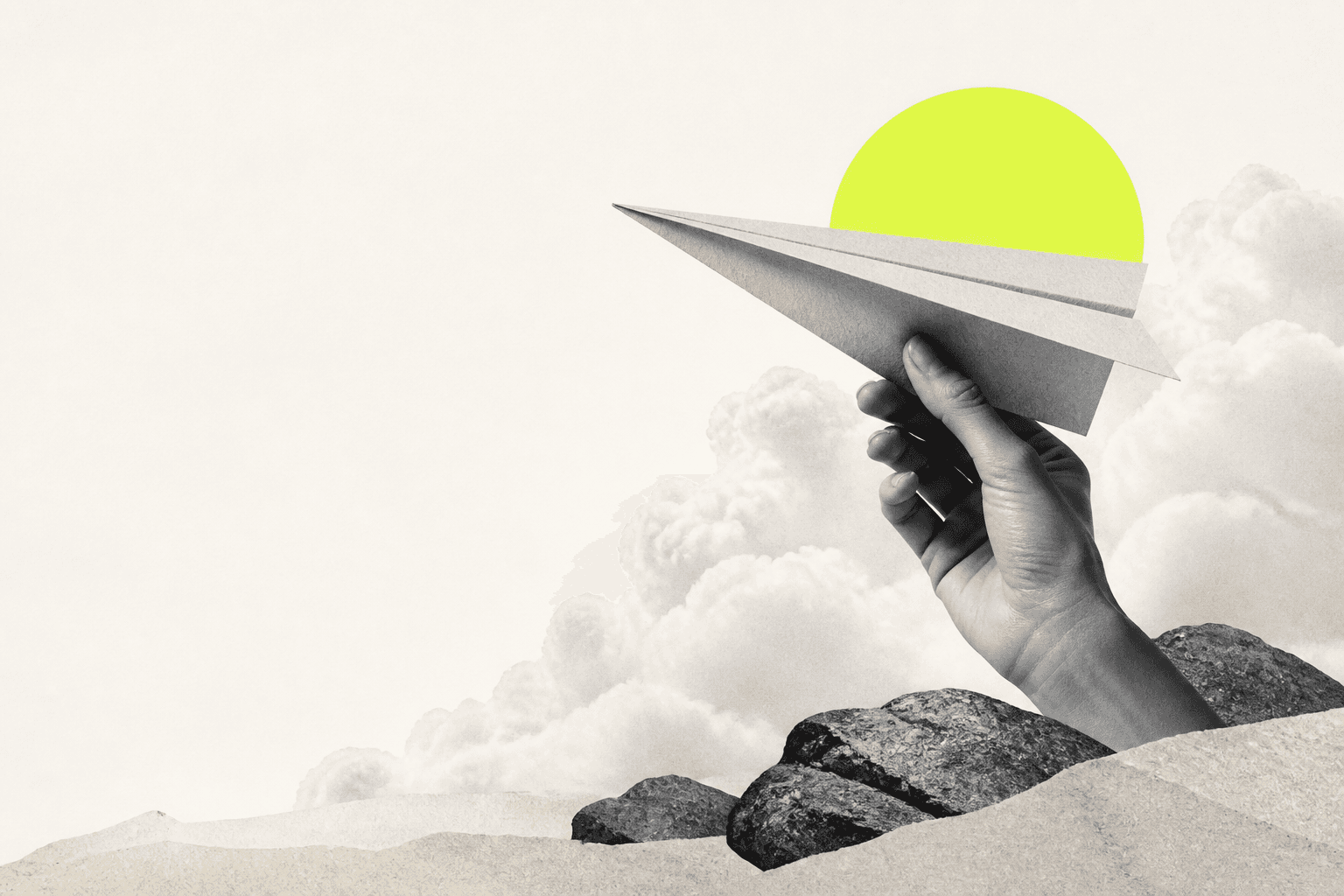 Surreal collage of a hand holding a paper airplane with clouds, rocks and a neon yellow sun