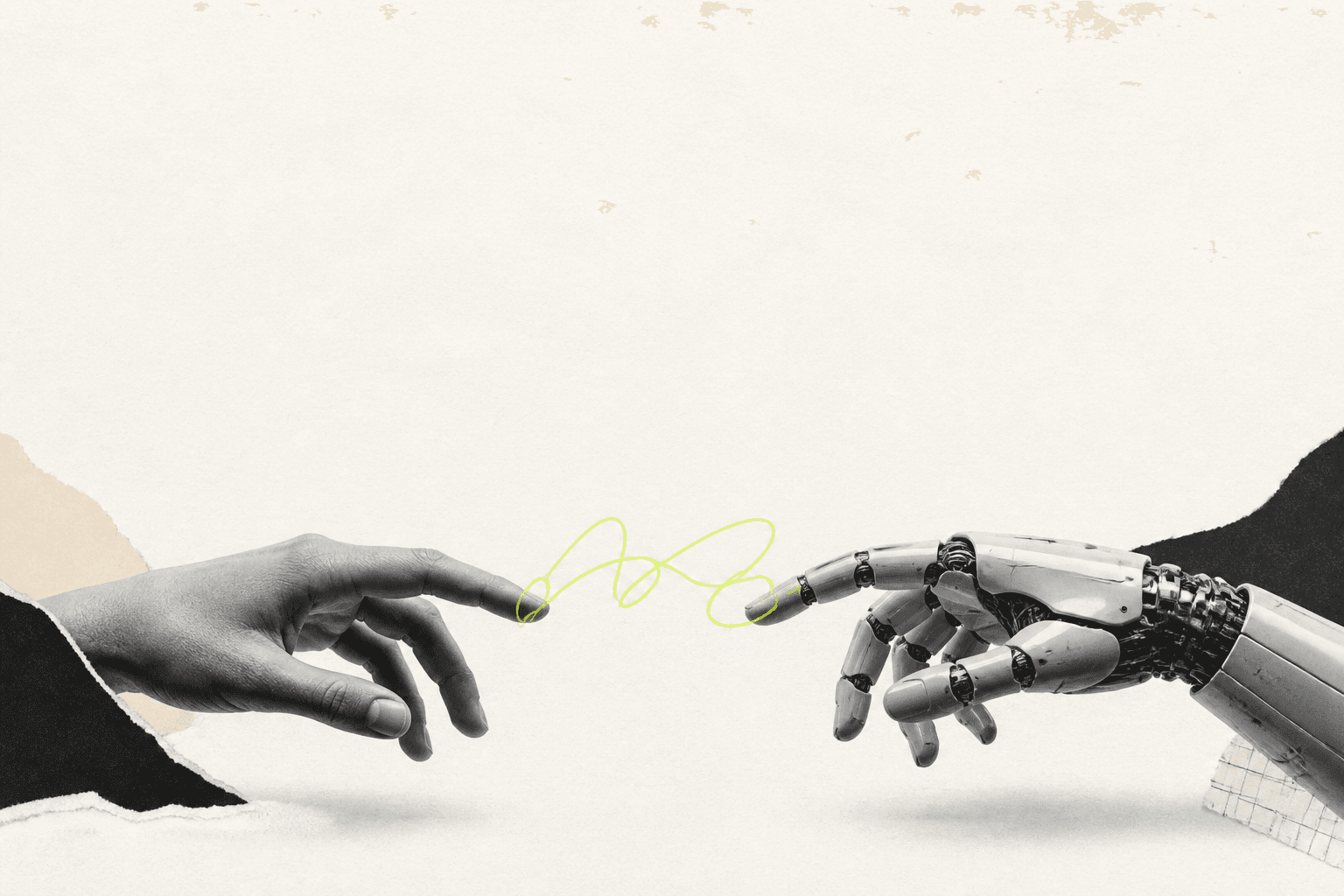 Human hand and robotic hand connected by a loose neon yellow line