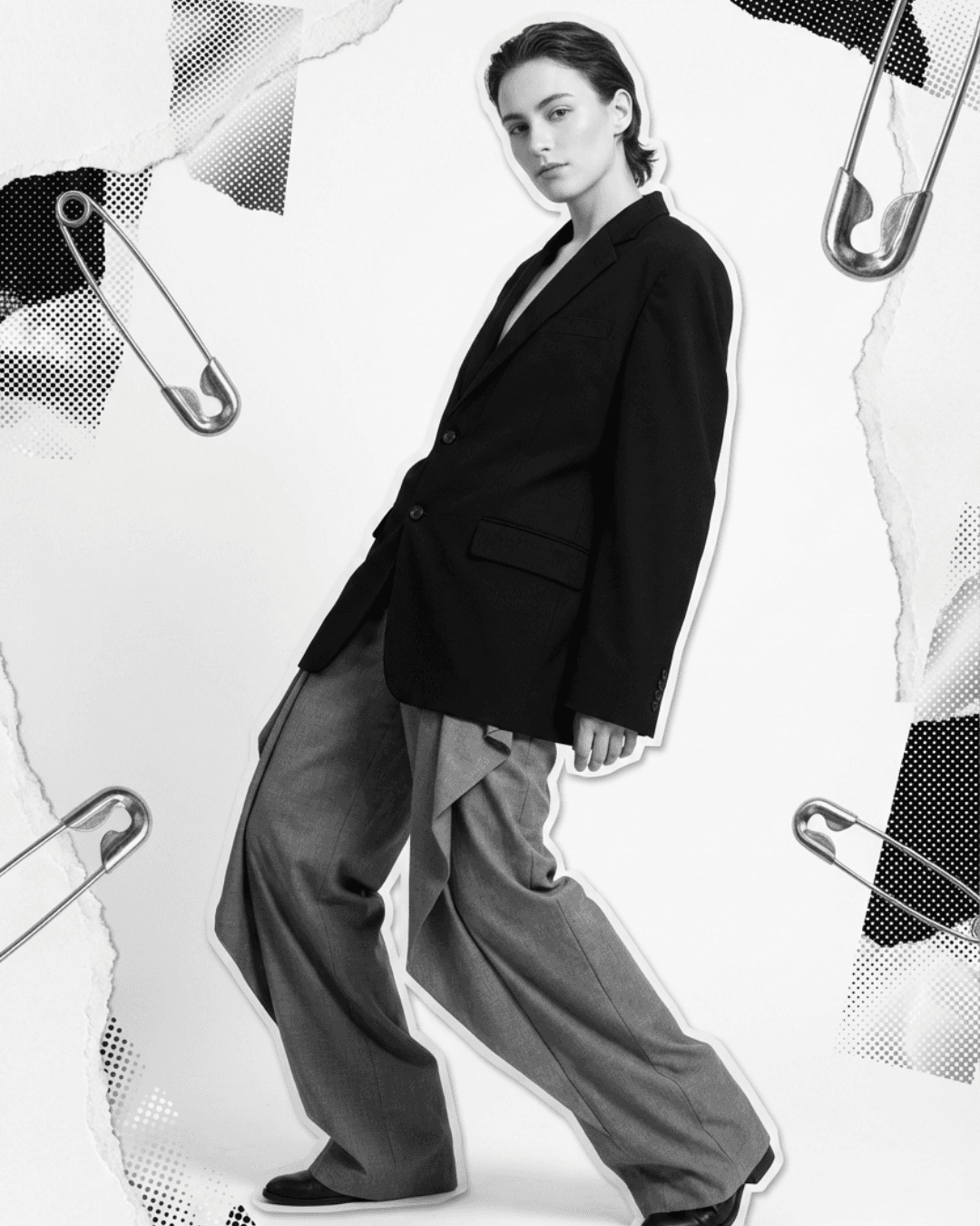 Dynamic monochrome fashion concept with floating products