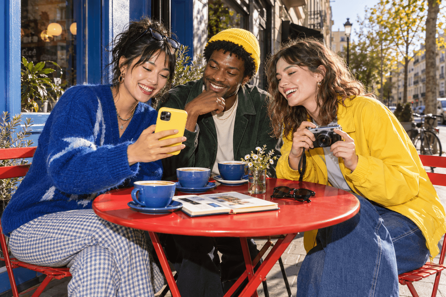 Creative friends planning content together around a cafe table